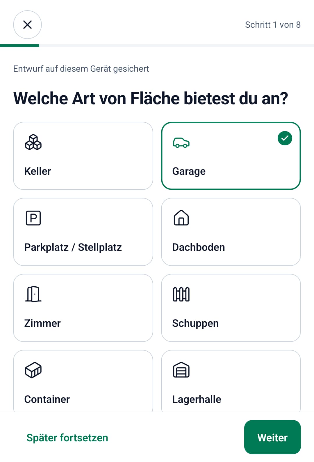 Lagery für Android: erster Schritt des Inseratsassistenten mit ausgewählter Garage