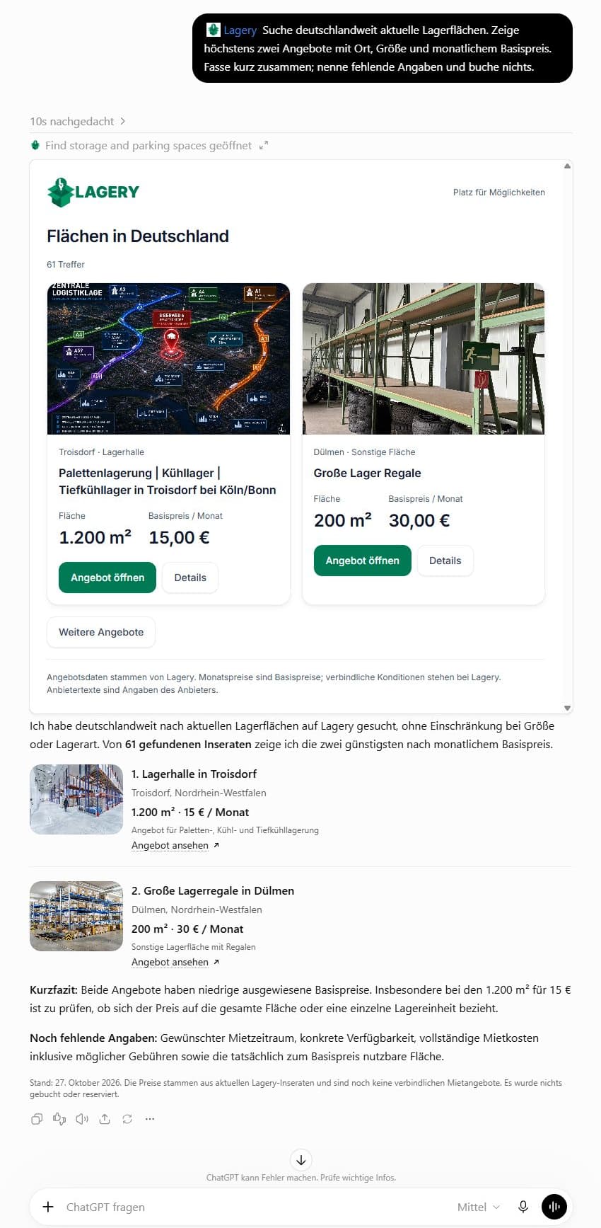 Vollständiger Chat zur bundesweiten Lagerraumsuche: Anfrage, zwei Lagery-Angebote in Troisdorf und Dülmen sowie die Antwort mit Hinweisen zu Basispreis und fehlenden Angaben