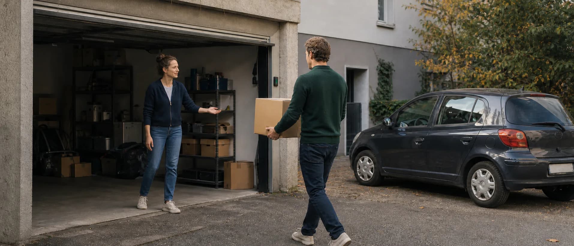 Mieter bringt einen Umzugskarton in eine private Garage