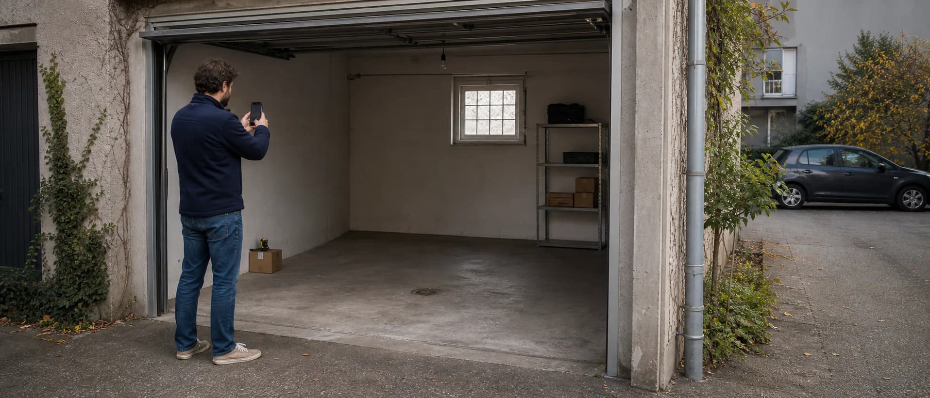 Eigentümer fotografiert eine freie Garage für sein Inserat